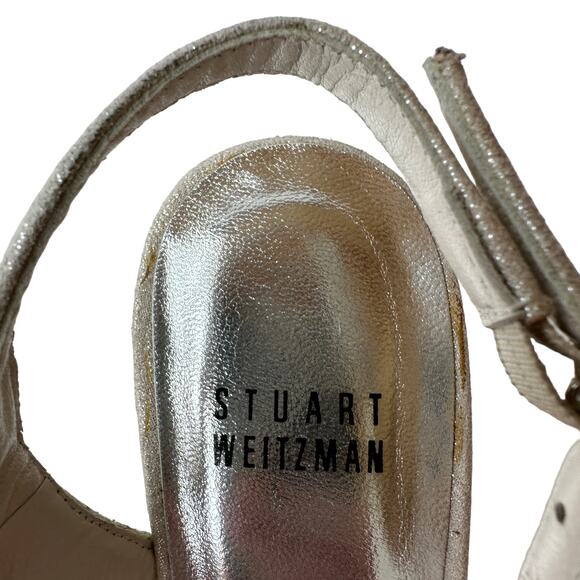 Stuart Weitzman Heels Tarot Silver Glazed Lame Leather Pumps Women's Size 6.5 - Picture 6 of 11